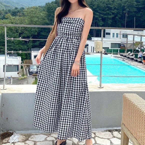 . Dresses & Skirts - Black & White Preppy Womens Gingham Print Tube Dress